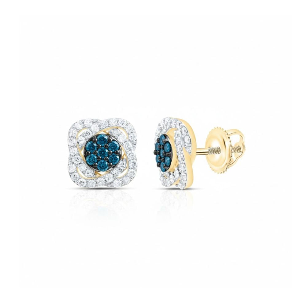 5/8CT Blue Diamond Flower Earrings in 10k Gold close-up detail - GOLDZENN