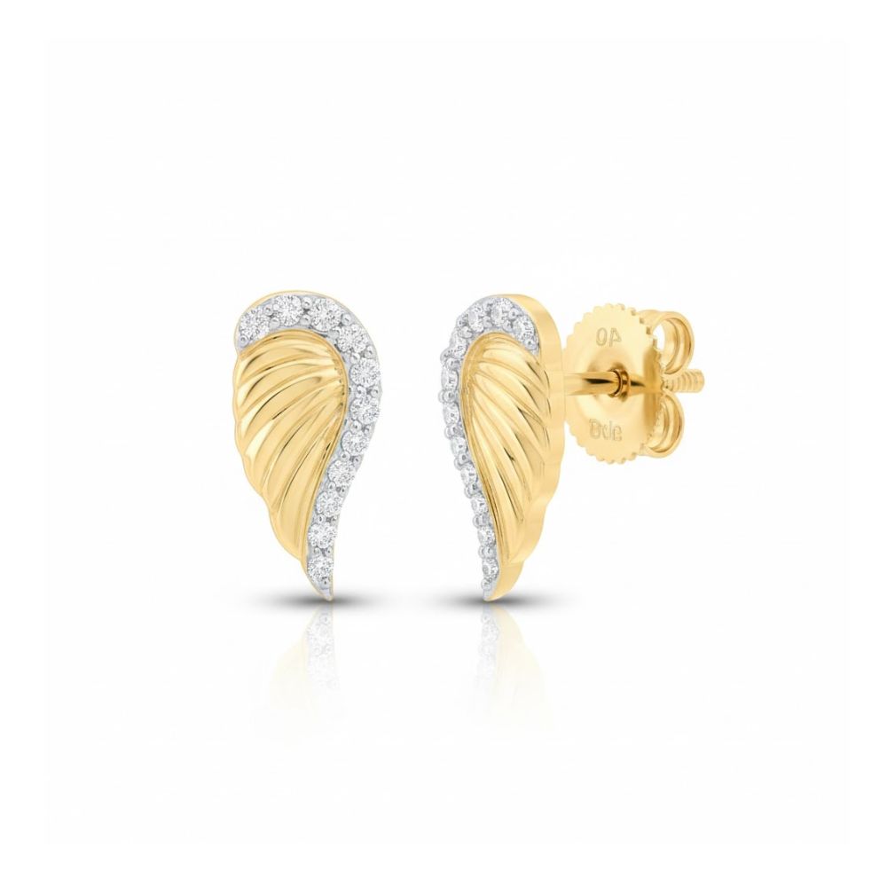 The 1/10 CTW Natural Diamond Wing Earrings are 10k yellow gold studs with a twisted, wing-shaped design, pavé-set diamonds along the border, screw-back posts, and a polished finish, shown on a plain white background.