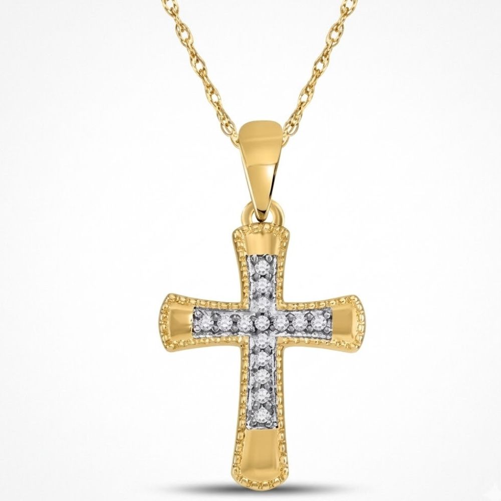 The 10K Yellow Gold Diamond Flared Cross Pendant 1/10 CTW features a small cross with sparkling diamonds in the center, set on a gold chain and beautifully displayed against a plain white background.
