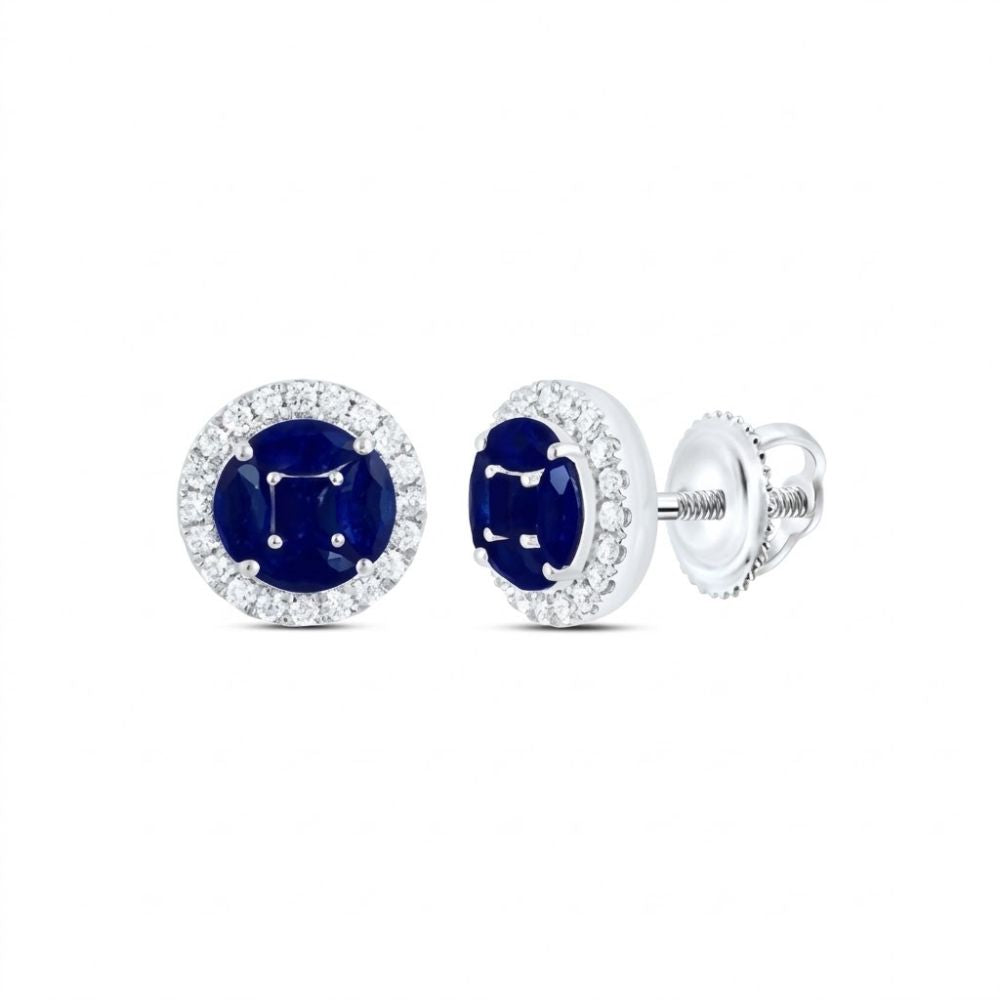 The 1/4CTW Natural Diamond Earrings feature round studs with a deep blue center stone, surrounded by natural diamonds and set in 14K white gold with screw-back closures, displayed on a white background.
