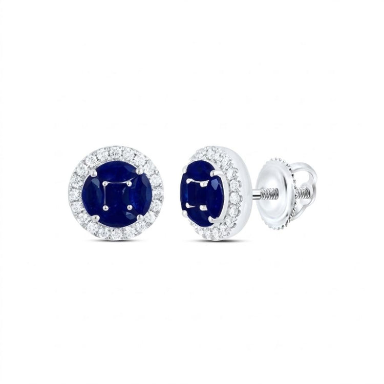 The 1/4CTW Natural Diamond Earrings feature round studs with a deep blue center stone, surrounded by natural diamonds and set in 14K white gold with screw-back closures, displayed on a white background.