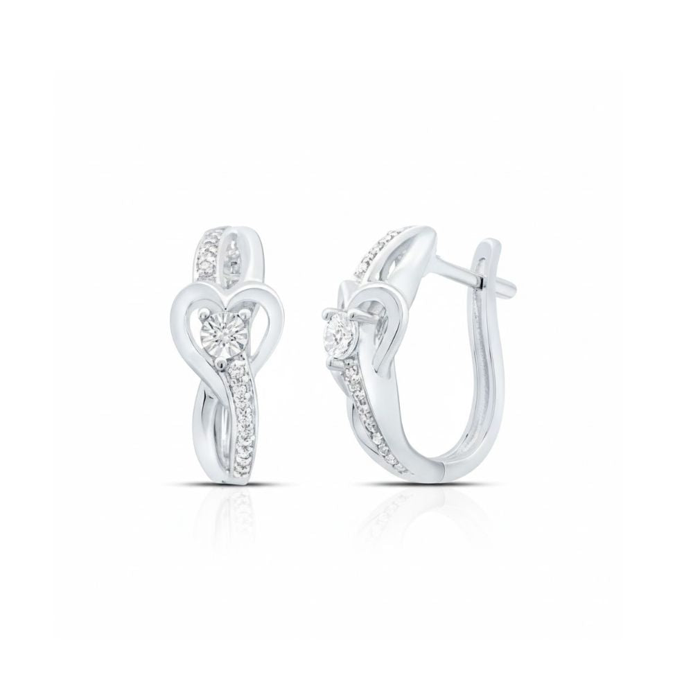 The 1/12 CTW Natural Diamond Heart Hoop Earrings are sterling silver hoops with heart-shaped designs, adorned with sparkling diamonds on the front and featuring a secure latch-back closure for easy wear.