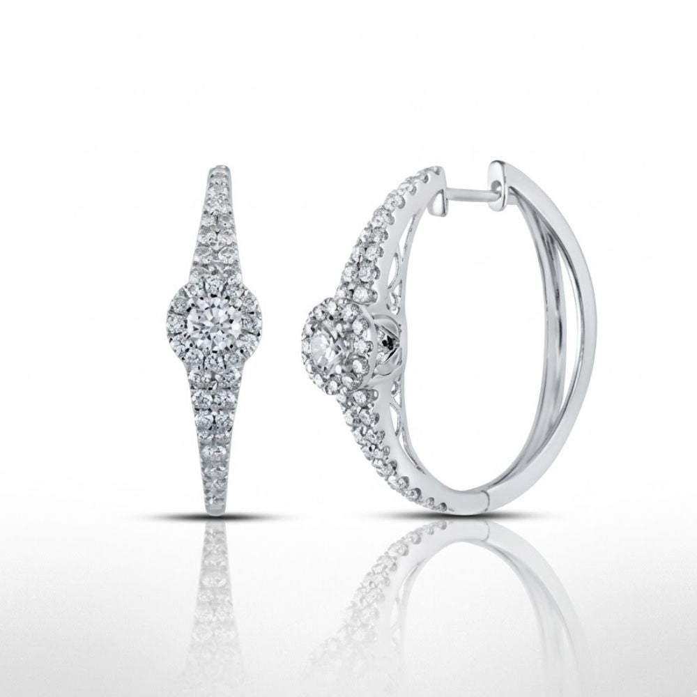 The 14K White Gold Round Diamond Hoop Earrings 1.5 Cttw feature sparkling round diamonds with a circular cluster design and secure clasp, shown against a white background.