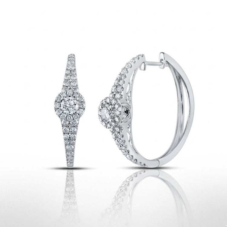 The 14K White Gold Round Diamond Hoop Earrings 1.5 Cttw feature sparkling round diamonds with a circular cluster design and secure clasp, shown against a white background.