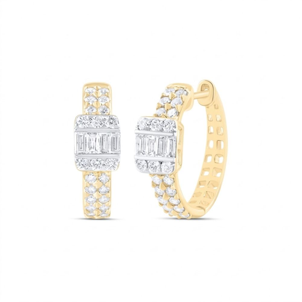 The 3/4CTW Natural Diamond Hoop Earrings in 14K yellow gold feature rows of sparkling white diamonds and a rectangular cluster of baguette and round diamonds at the center, shown on a white background.