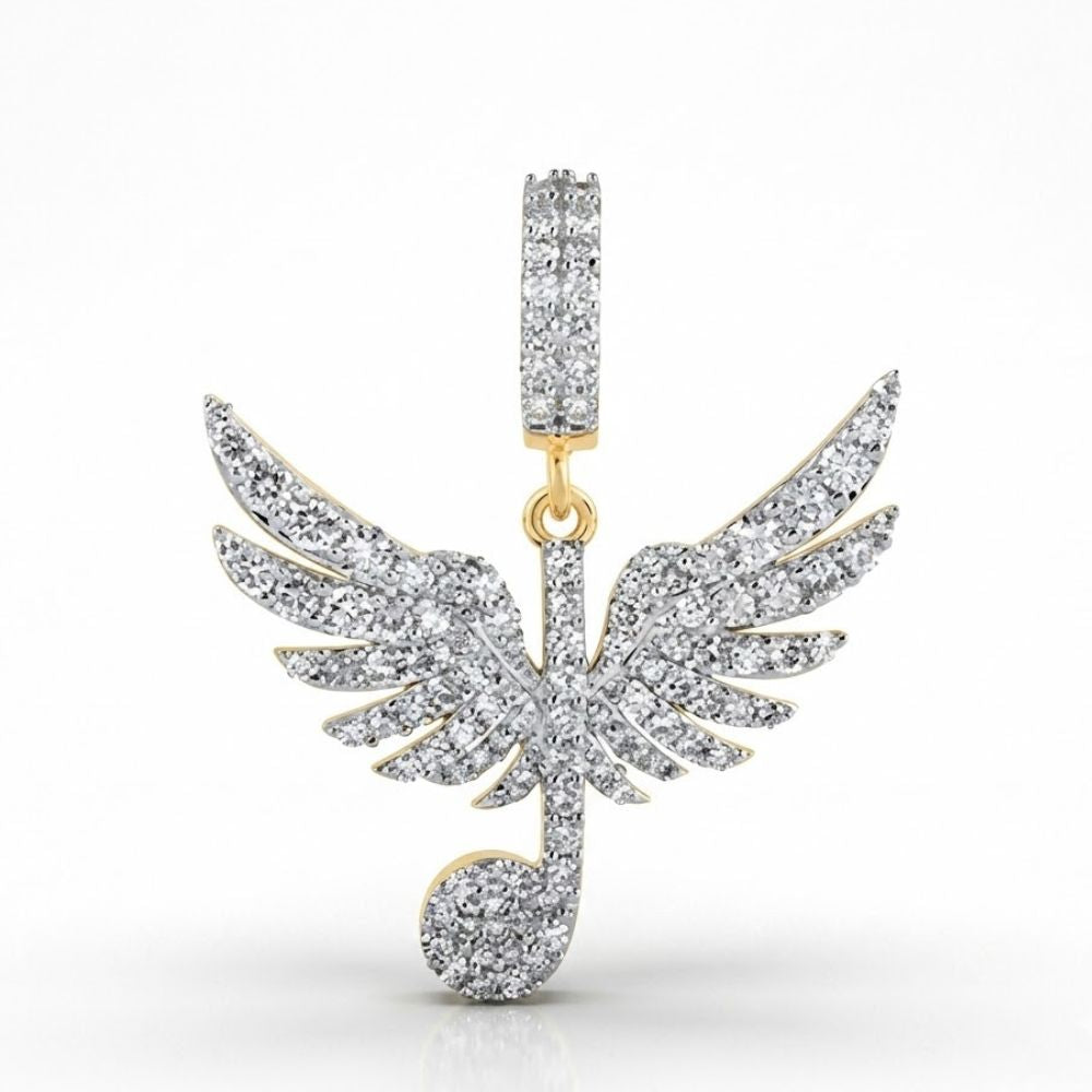The 10K Gold Diamond Wing Music Note Pendant 1CTW features a diamond-accented music note with wing-like sides, suspended from a diamond-encrusted loop, and is displayed against a plain white background.