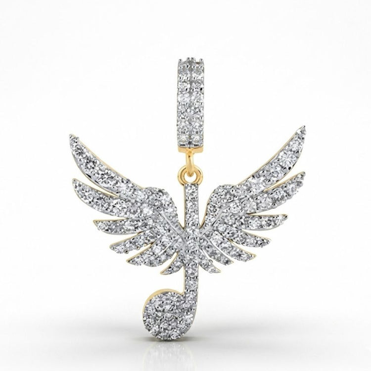 The 10K Gold Diamond Wing Music Note Pendant 1CTW features a diamond-accented music note with wing-like sides, suspended from a diamond-encrusted loop, and is displayed against a plain white background.