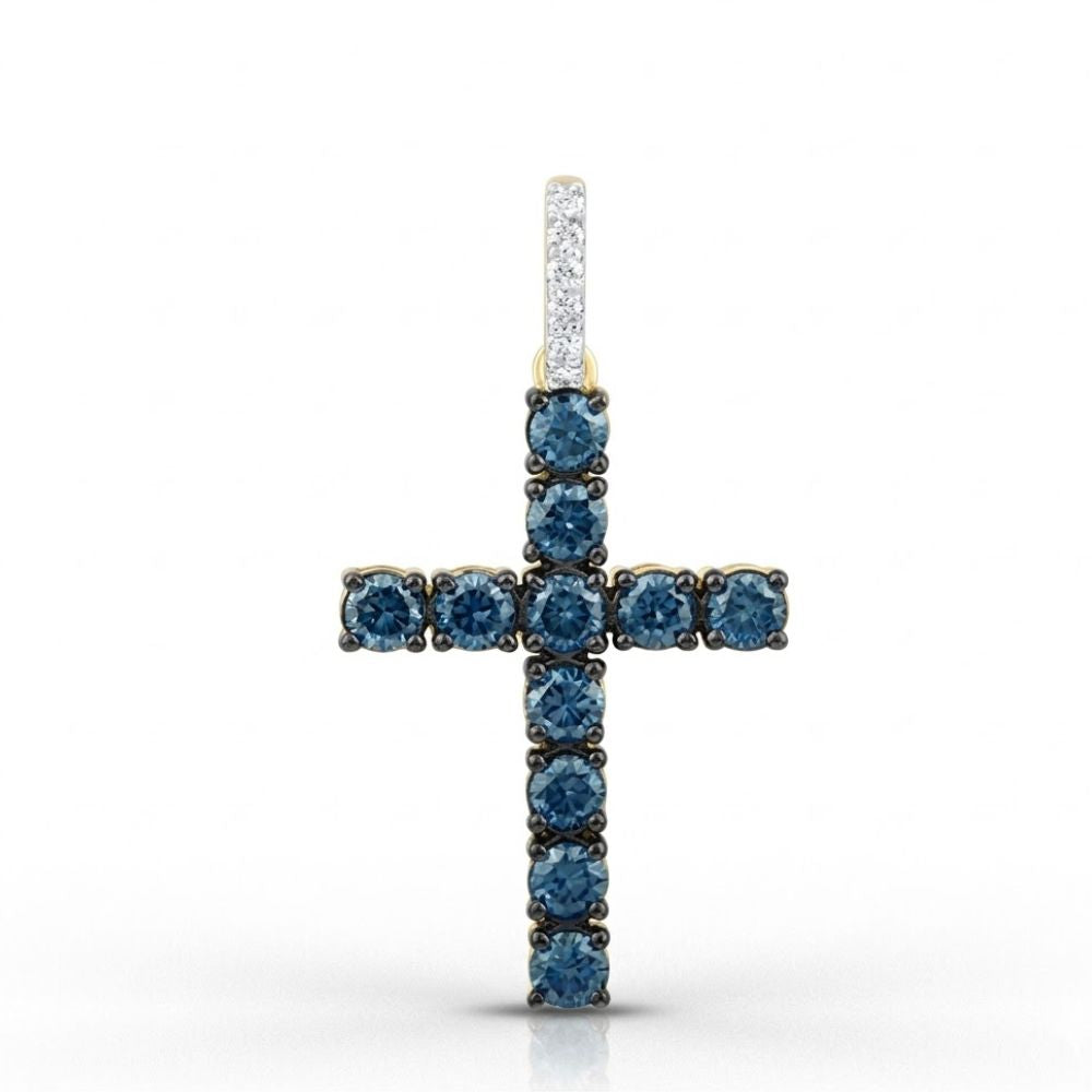 The 14K Yellow Gold Blue Diamond Cross Pendant showcases round natural blue diamonds in a cross design, with a diamond-accented bail, all set against a white background.