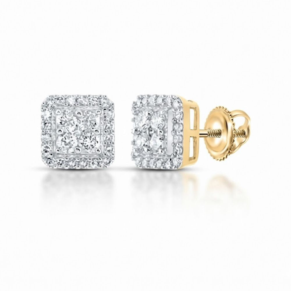 10k Yellow Gold Round Diamond Square Earrings, 5/8 Cttw, featuring a central diamond surrounded by smaller diamonds in a halo design with gold screw-back settings.