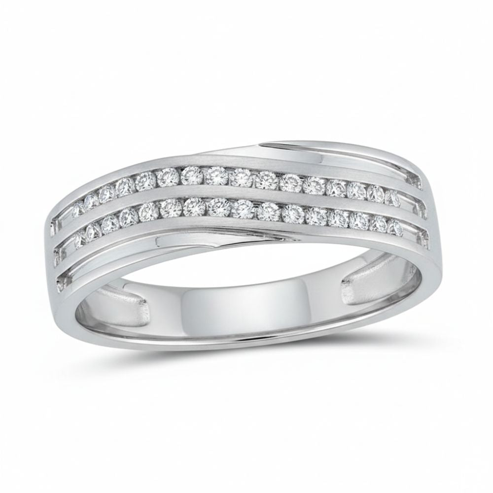 The 10k White Gold Diamond Wedding Band Ring 1/4 Cttw features three parallel rows of small round diamonds set atop a sleek band with polished edges, offering a modern, elegant look—ideal as an anniversary ring.