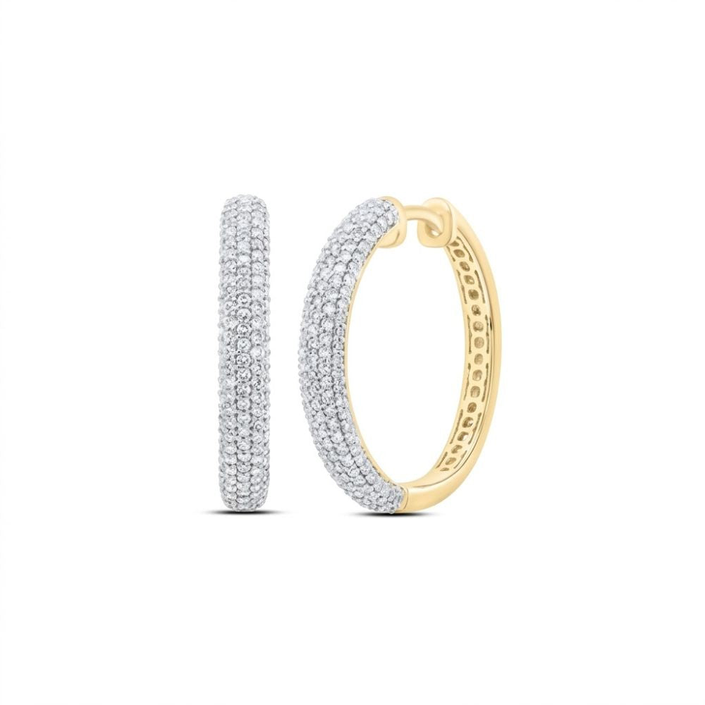 The 1 CTW Diamond Hoop Earrings in 10K yellow gold feature sparkling white diamonds, displayed from the front and side against a white background.