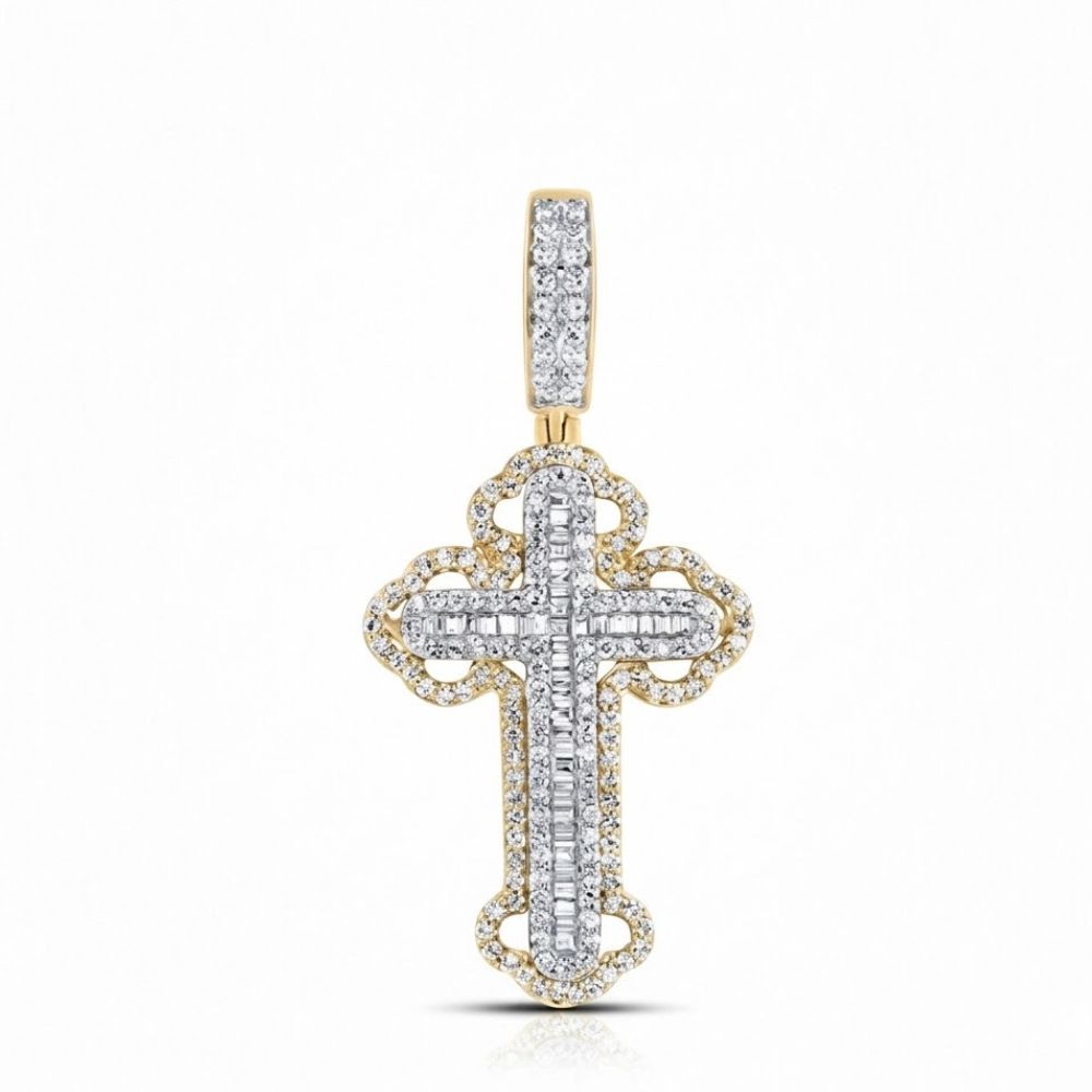The Diamond Cross Charm 3/4CT 10K Gold is a men’s pendant with small white natural diamonds, an ornate border, and a diamond-studded bail, shown against a plain white background.