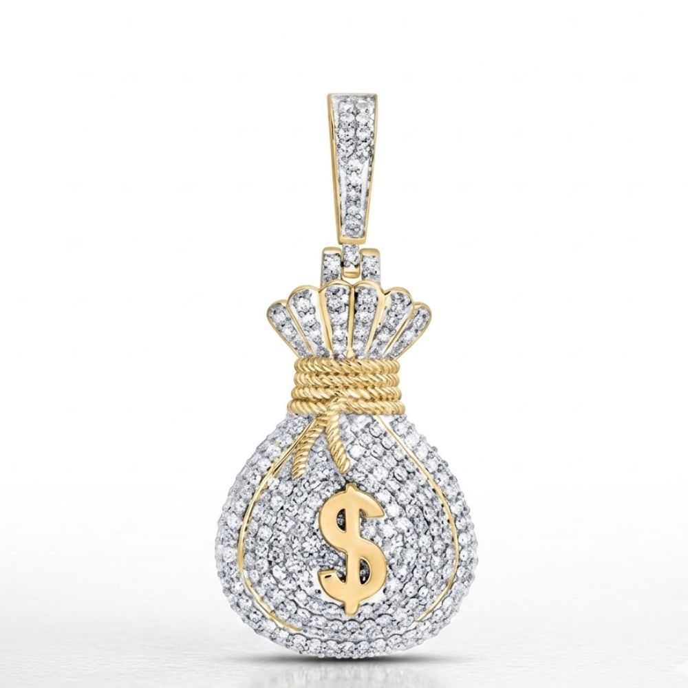 The Diamond Money Bag Charm 7/8 CTW 10K Yellow Gold is a bold hip hop accessory, crafted in yellow gold, featuring shimmering diamonds and a prominent gold dollar sign ($) on the front.