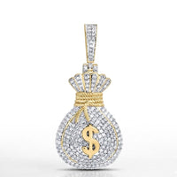The Diamond Money Bag Charm 7/8 CTW 10K Yellow Gold is a bold hip hop accessory, crafted in yellow gold, featuring shimmering diamonds and a prominent gold dollar sign ($) on the front.