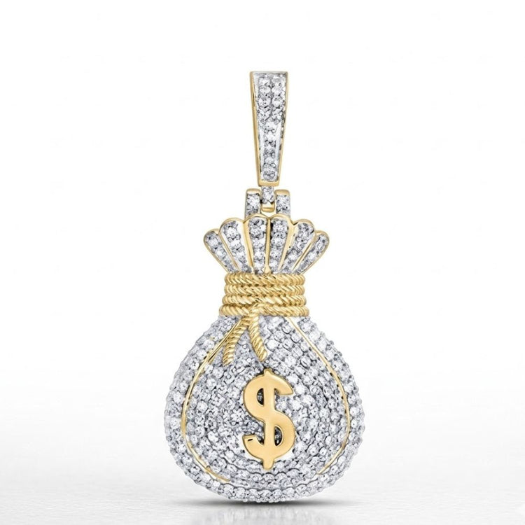 The Diamond Money Bag Charm 7/8 CTW 10K Yellow Gold is a bold hip hop accessory, crafted in yellow gold, featuring shimmering diamonds and a prominent gold dollar sign ($) on the front.