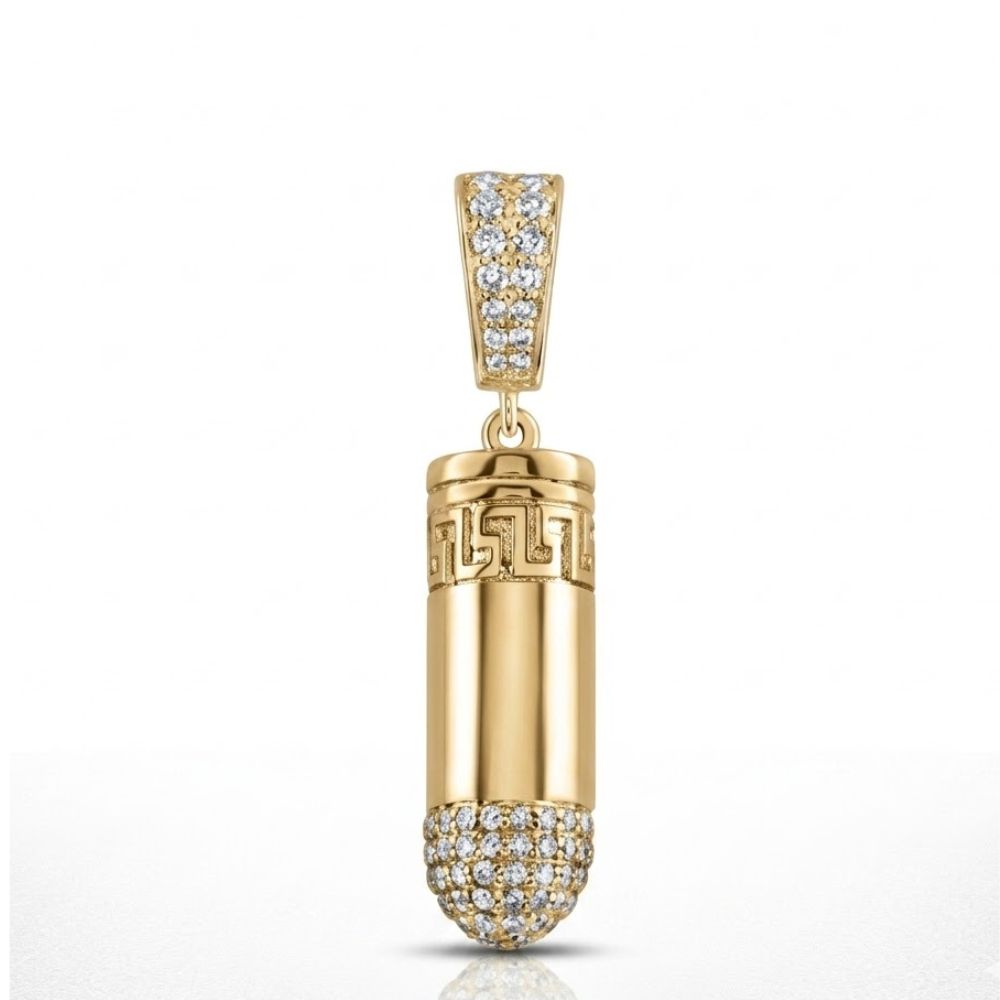 The 5/8CTW Diamond Urn Charm in 10K yellow gold for men features a Greek key design at the top and natural diamonds on the bale and tip, set against a plain white background.