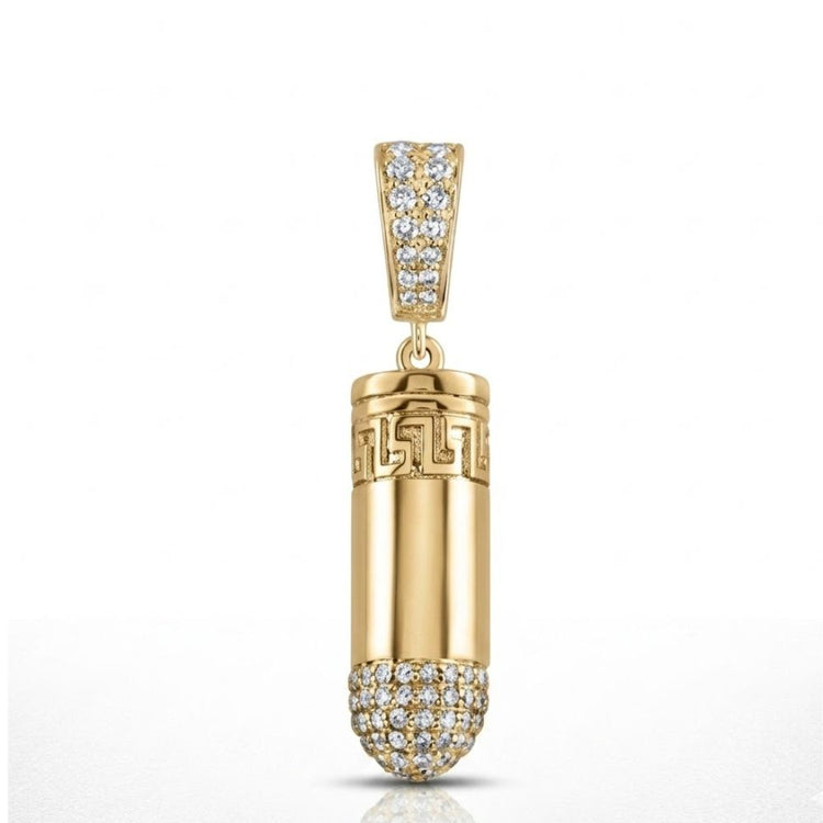 The 5/8CTW Diamond Urn Charm in 10K yellow gold for men features a Greek key design at the top and natural diamonds on the bale and tip, set against a plain white background.