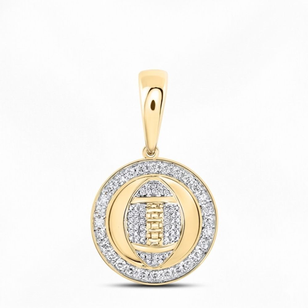 The Diamond Football Charm 10K Yellow Gold Pendant showcases a football design with laces, outlined by sparkling diamonds and a circular diamond border, all set against a plain white background.