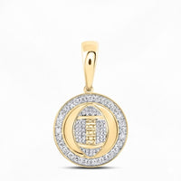 The Diamond Football Charm 10K Yellow Gold Pendant showcases a football design with laces, outlined by sparkling diamonds and a circular diamond border, all set against a plain white background.