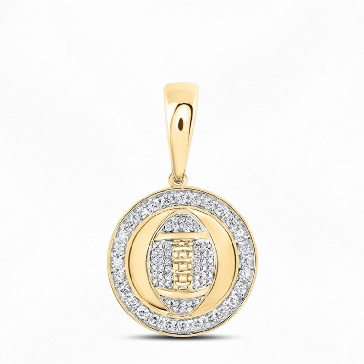 The Diamond Football Charm 10K Yellow Gold Pendant showcases a football design with laces, outlined by sparkling diamonds and a circular diamond border, all set against a plain white background.