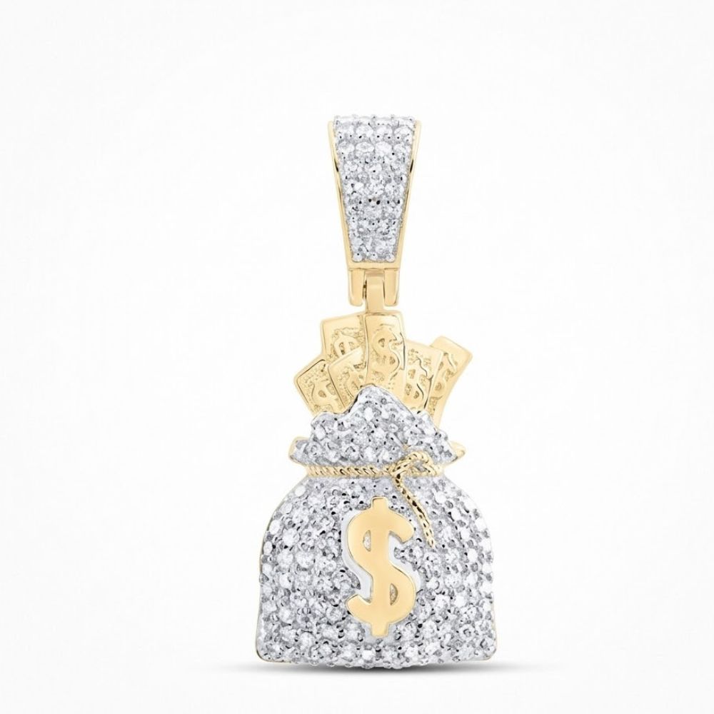 The 10K Gold Diamond Money Bag Charm 5/8CTW features a dollar sign and gold bills, encrusted with sparkling stones—a standout men’s pendant in yellow gold.