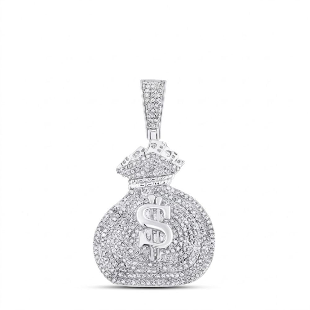 The Diamond Money Bag Pendant 1 CTTW Sterling Silver features a bold dollar sign, shimmering diamonds, and a diamond-studded bail, adding a glamorous touch to this sparkling charm.