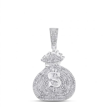 The Diamond Money Bag Pendant 1 CTTW Sterling Silver features a bold dollar sign, shimmering diamonds, and a diamond-studded bail, adding a glamorous touch to this sparkling charm.
