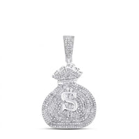 The Diamond Money Bag Pendant 1 CTTW Sterling Silver features a bold dollar sign, shimmering diamonds, and a diamond-studded bail, adding a glamorous touch to this sparkling charm.