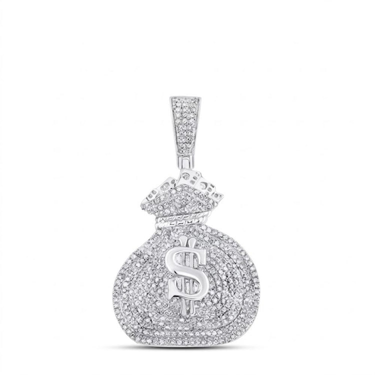 The Diamond Money Bag Pendant 1 CTTW Sterling Silver features a bold dollar sign, shimmering diamonds, and a diamond-studded bail, adding a glamorous touch to this sparkling charm.
