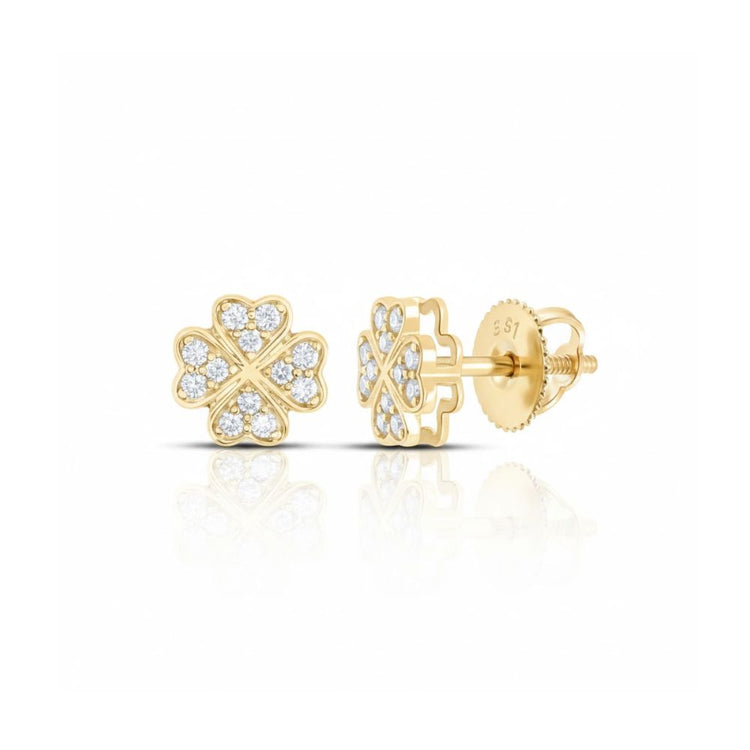 10k Yellow Gold Diamond Clover Earrings 1/6 CTW close-up detail - GOLDZENN