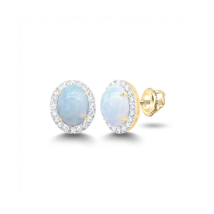 10k Yellow Gold Oval Opal Diamond Earrings 3/8 Cttw close-up detail - GOLDZENN