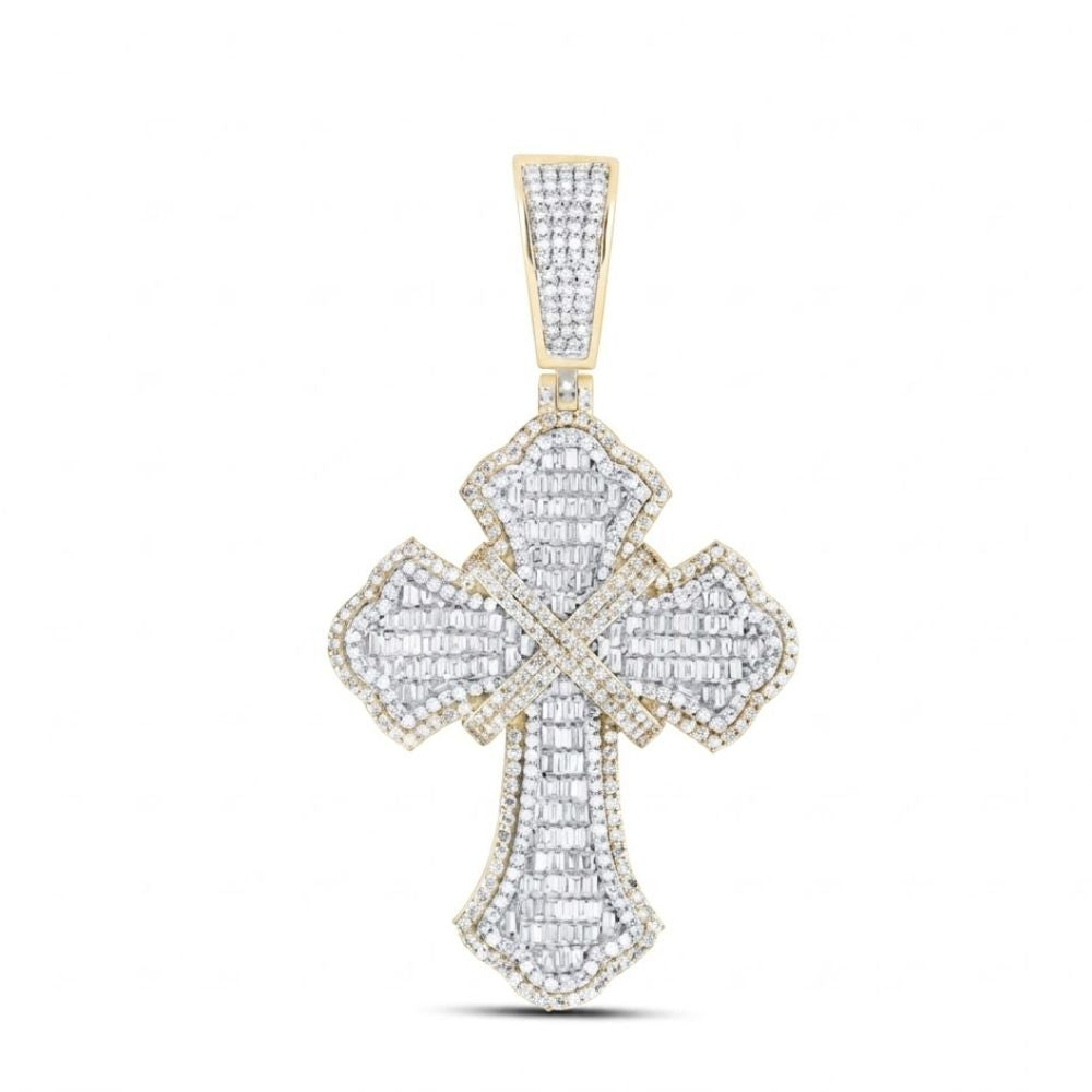 A 2-1/3CTW diamond cross charm for men in 10K yellow gold, featuring closely set diamonds and a diamond-studded bail, is displayed on a plain white background.