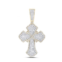 A 2-1/3CTW diamond cross charm for men in 10K yellow gold, featuring closely set diamonds and a diamond-studded bail, is displayed on a plain white background.