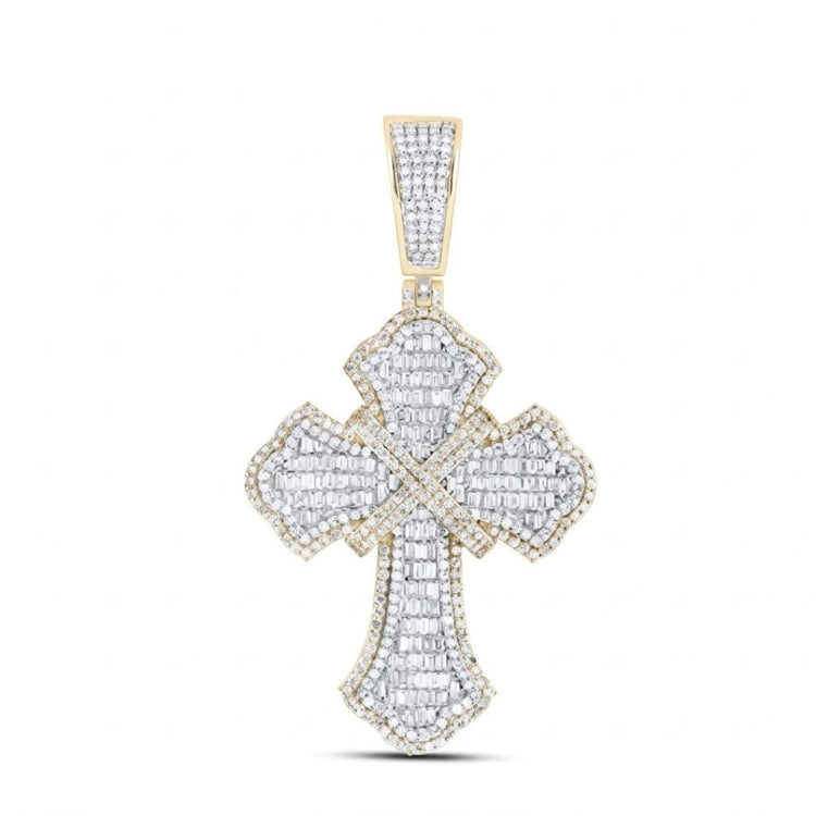 A 2-1/3CTW diamond cross charm for men in 10K yellow gold, featuring closely set diamonds and a diamond-studded bail, is displayed on a plain white background.