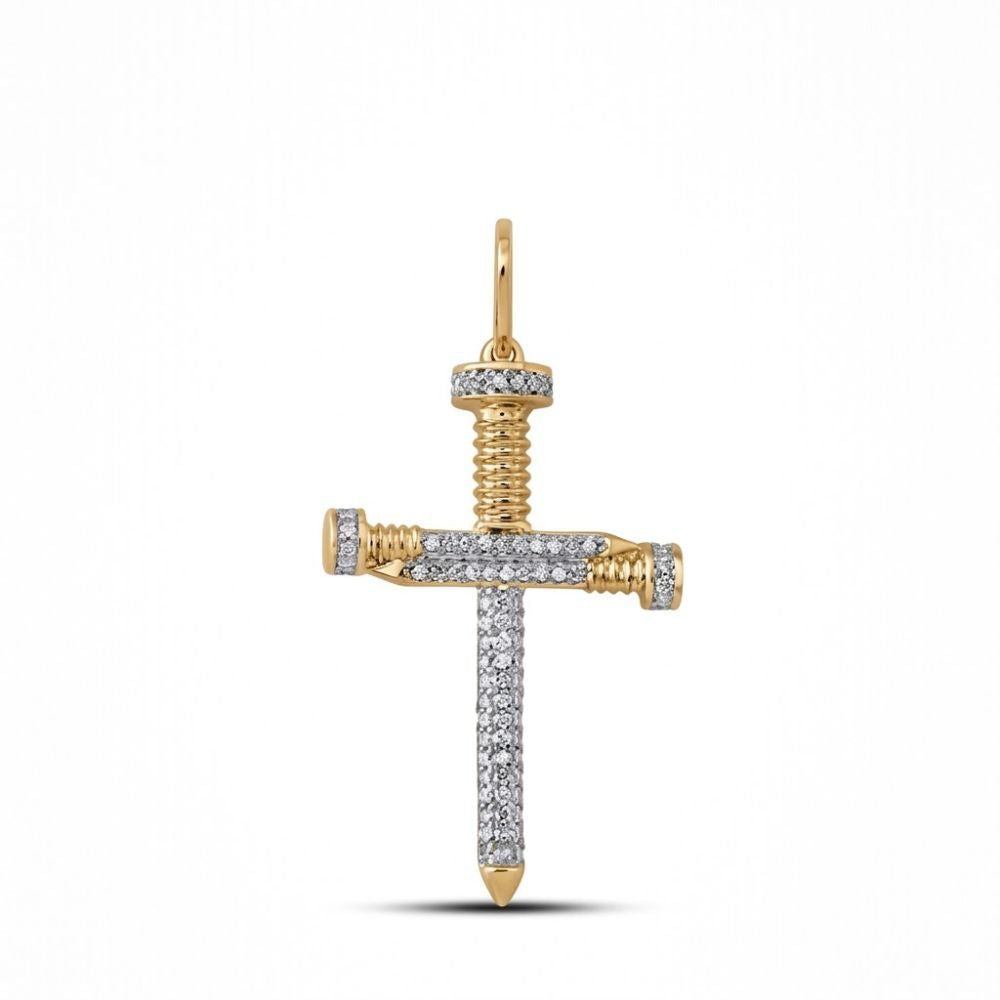 The 10K Gold Diamond Nail Cross Charm Pendant 1/3 CTW, shaped like two nails and encrusted with white diamonds, is displayed against a plain white background—a striking piece for hip hop jewelry lovers.