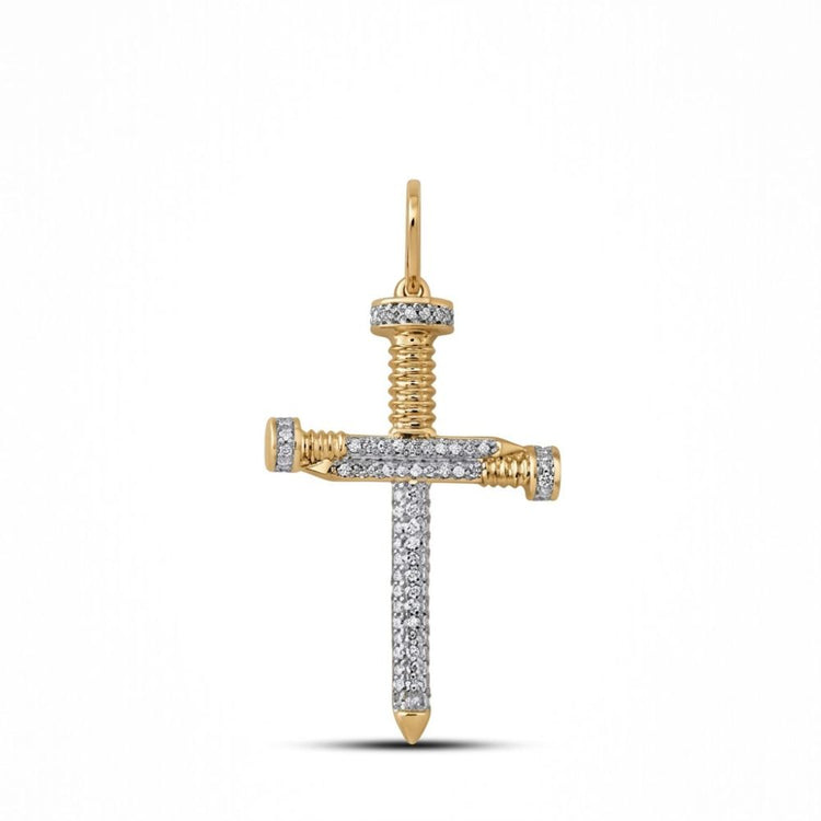 The 10K Gold Diamond Nail Cross Charm Pendant 1/3 CTW, shaped like two nails and encrusted with white diamonds, is displayed against a plain white background—a striking piece for hip hop jewelry lovers.