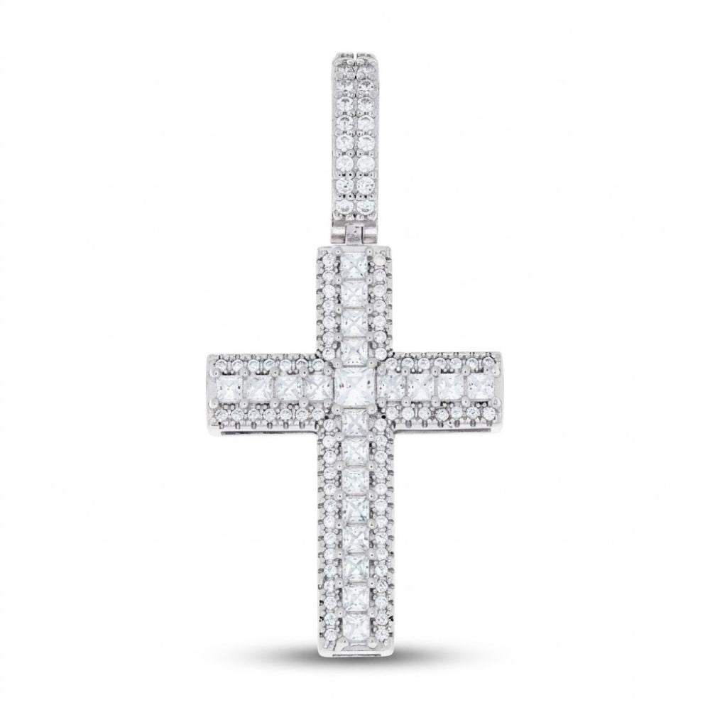 The Sterling Silver CZ Cross Religious Pendant showcases a unisex design with sparkling cubic zirconia accents and a central square stone, elegantly displayed against a white background.