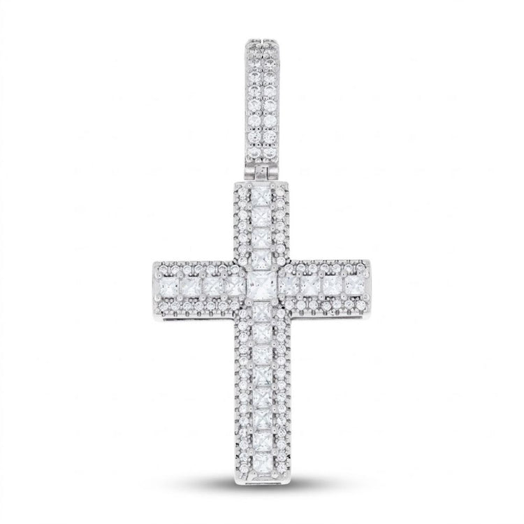 The Sterling Silver CZ Cross Religious Pendant showcases a unisex design with sparkling cubic zirconia accents and a central square stone, elegantly displayed against a white background.