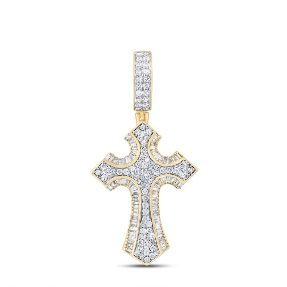 The Diamond Cross Charm 5/8CT in 10K yellow gold features a gold outline, diamond-filled center, and diamond bail—an elegant men’s accessory for any chain.