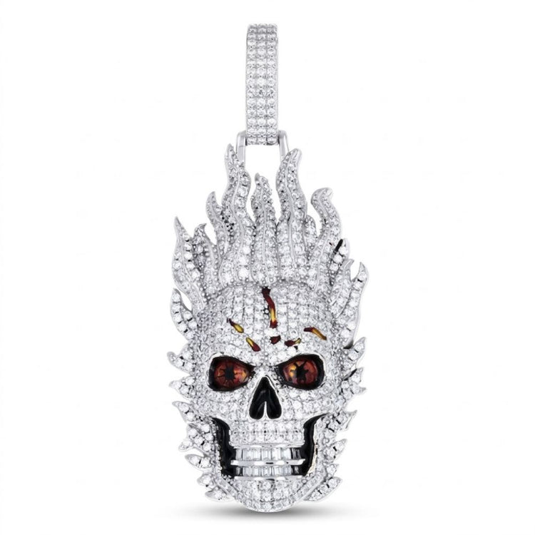 The Sterling Silver Moissanite Fire Skull Pendant for Men showcases flame-inspired details, moissanite charm eyes, gold forehead accents, and a matching diamond-encrusted bail—an eye-catching jewelry piece.