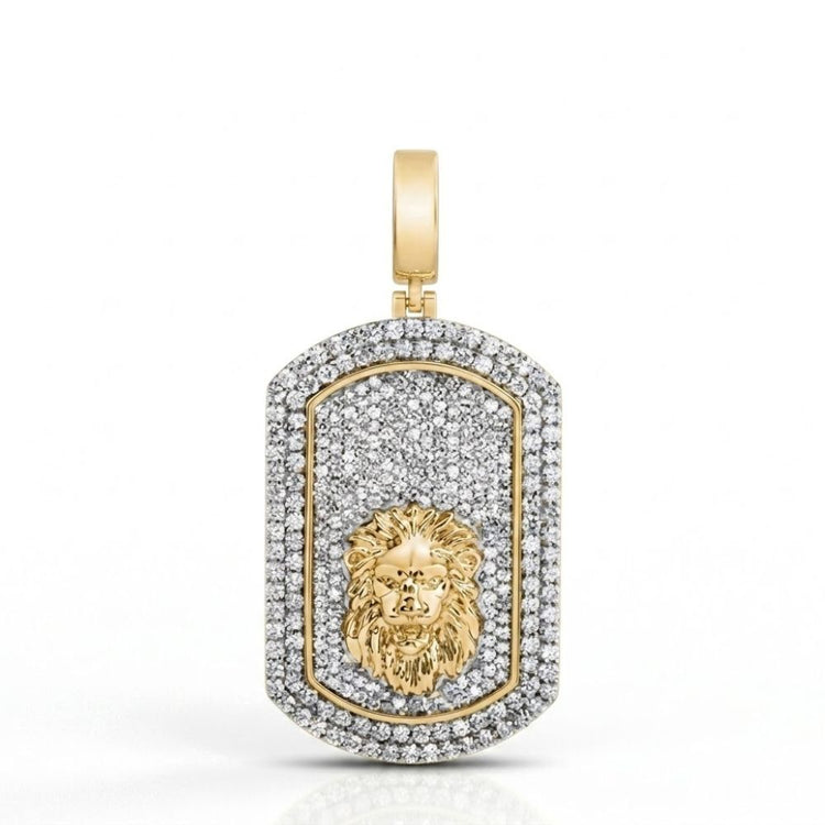 The 2-1/3CTW Diamond Dog Tag Men’s Charm features a detailed lion head in 10K yellow gold, accented by sparkling diamonds—an impressive rectangular pendant with rounded top corners for any men's collection.