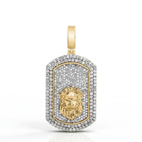 The 2-1/3CTW Diamond Dog Tag Men’s Charm features a detailed lion head in 10K yellow gold, accented by sparkling diamonds—an impressive rectangular pendant with rounded top corners for any men's collection.