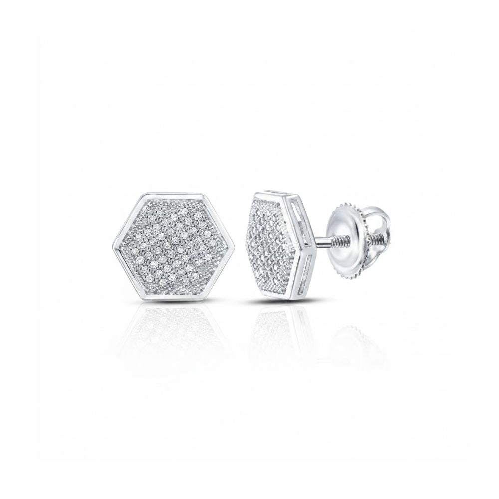 The 1/4CTW Fashion Diamond Micro-Pave Stud Earrings in 10K white gold feature a hexagon design, sparkling diamond accents, secure screw-back closures, and are displayed on a white background.