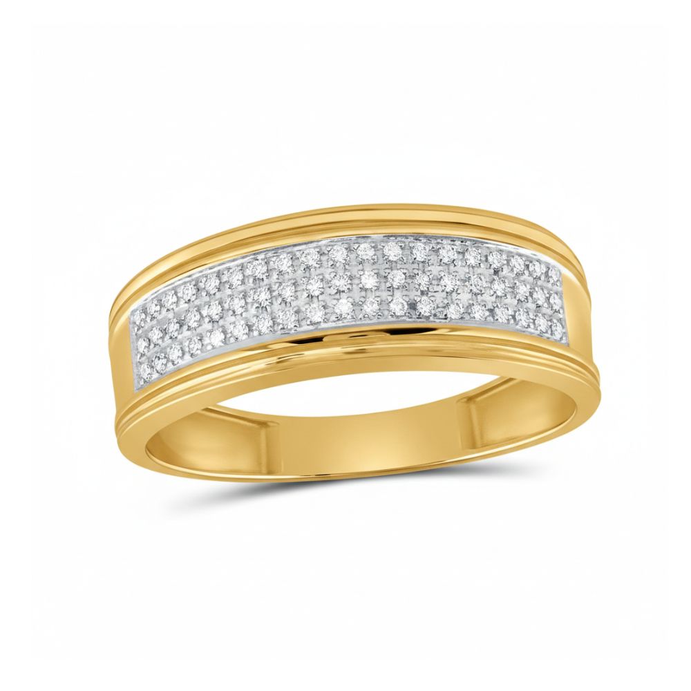 The 10k Yellow Gold Triple Row Diamond Wedding Band features a central rectangular section with channel-set round diamonds in three rows, adding sparkling brilliance to the polished yellow gold design.