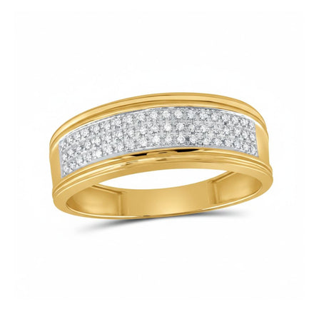 The 10k Yellow Gold Triple Row Diamond Wedding Band features a central rectangular section with channel-set round diamonds in three rows, adding sparkling brilliance to the polished yellow gold design.