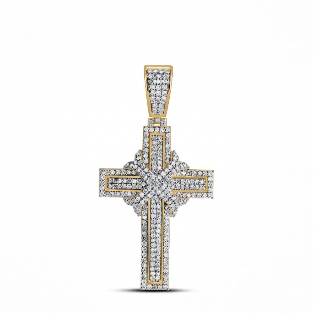 The 10K Yellow Gold Diamond Cross Pendant 7/8CTW for men showcases multiple rows of sparkling diamonds set in the arms and center, all displayed against a plain white background.