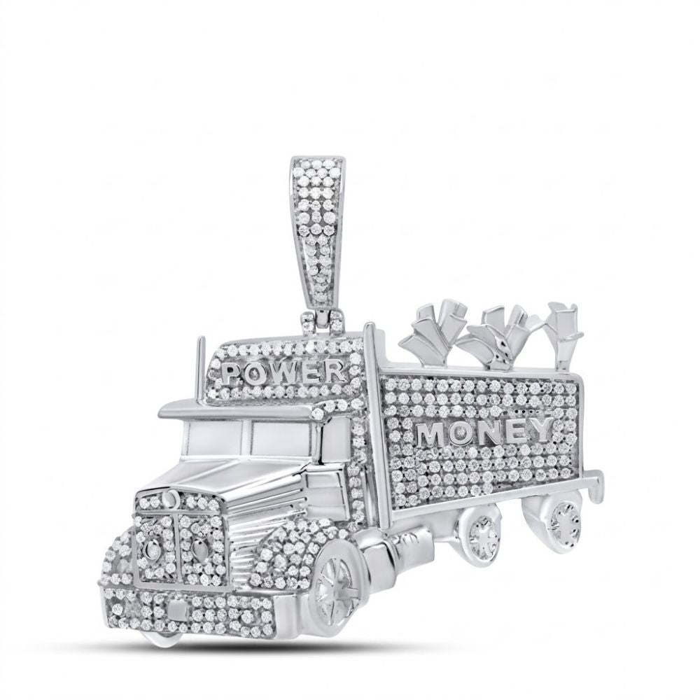 The 1CTW Diamond Truck Charm Sterling Silver Pendant features a semi-truck design with small diamonds, POWER on the cab, MONEY on the trailer, and three dollar signs atop the cargo—a bold statement piece for men.