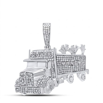 The 1CTW Diamond Truck Charm Sterling Silver Pendant features a semi-truck design with small diamonds, POWER on the cab, MONEY on the trailer, and three dollar signs atop the cargo—a bold statement piece for men.