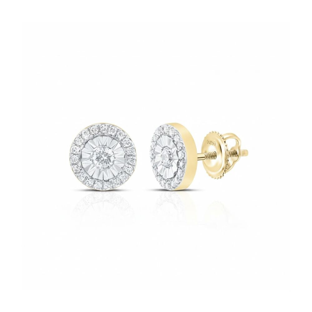 10k Yellow Gold Diamond Stud Earrings 1/5 CTW, each with a central clear diamond and a halo of smaller stones, are displayed from front and side views on a white background.