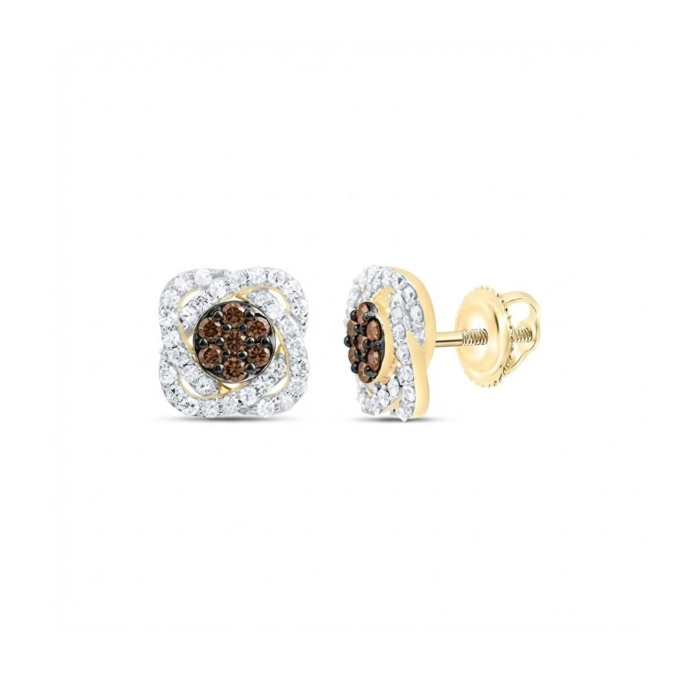The 10k Yellow Gold Cognac Diamond Flower Earrings 5/8 Cttw feature brown and white stones in a floral pattern, intricate detailing, a square shape, and secure screw-back closure.